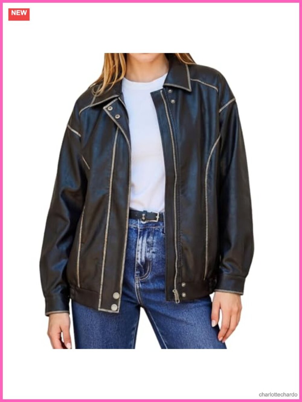 Oversized Faux Leather Moto Jacket Casual Biker Coat Zipper Side Pockets